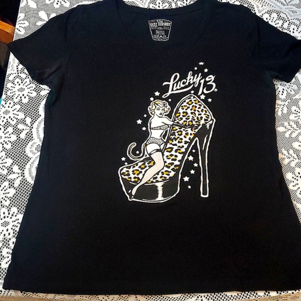 Lucky Thirteen, Black Short Sleeve V-Neck T-Shirt w/Pin-Up Girl Design, Size 2XL